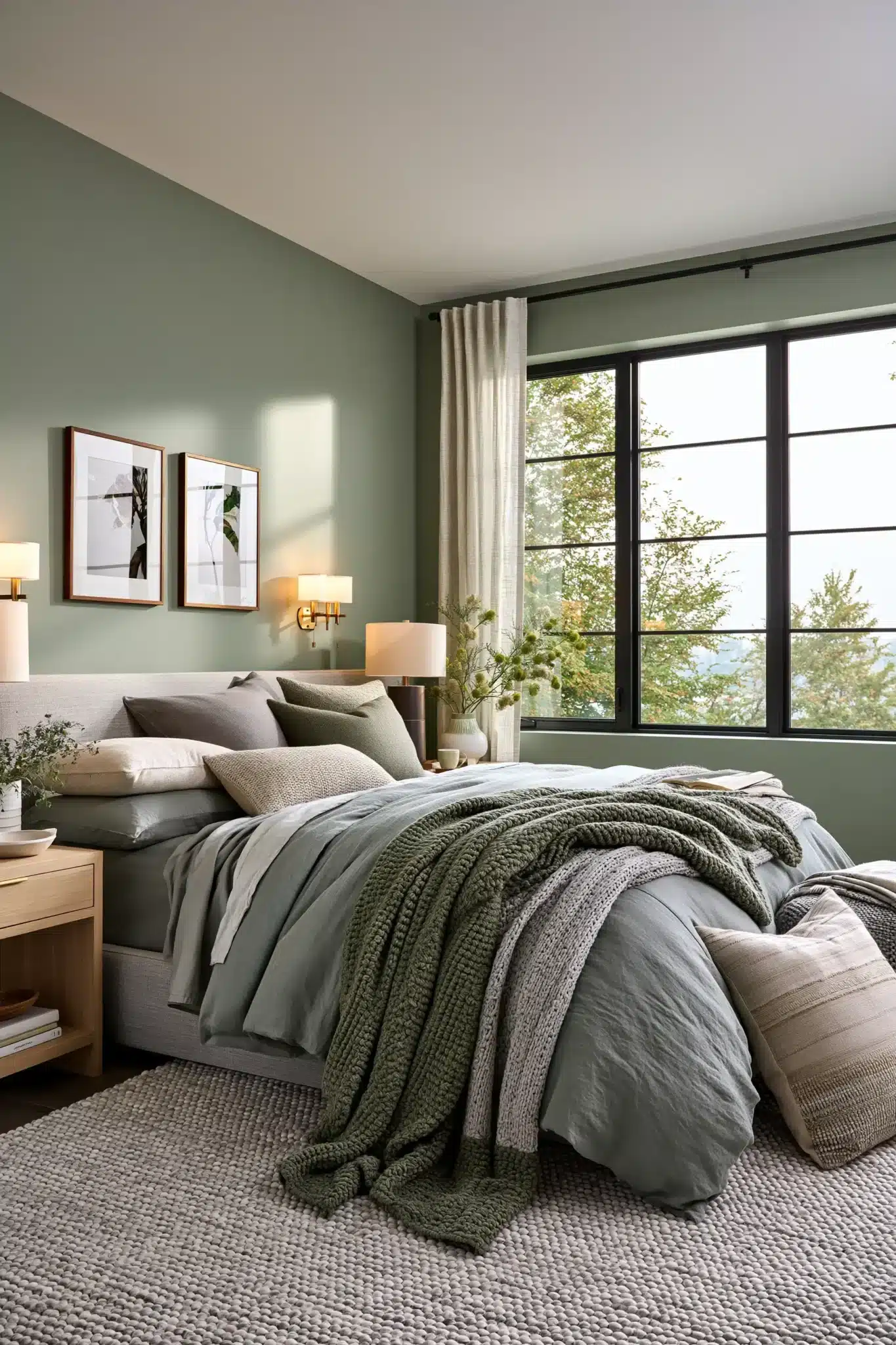 Sage green and grey bedroom with soft walls, layered bedding, wood furniture, and warm lighting