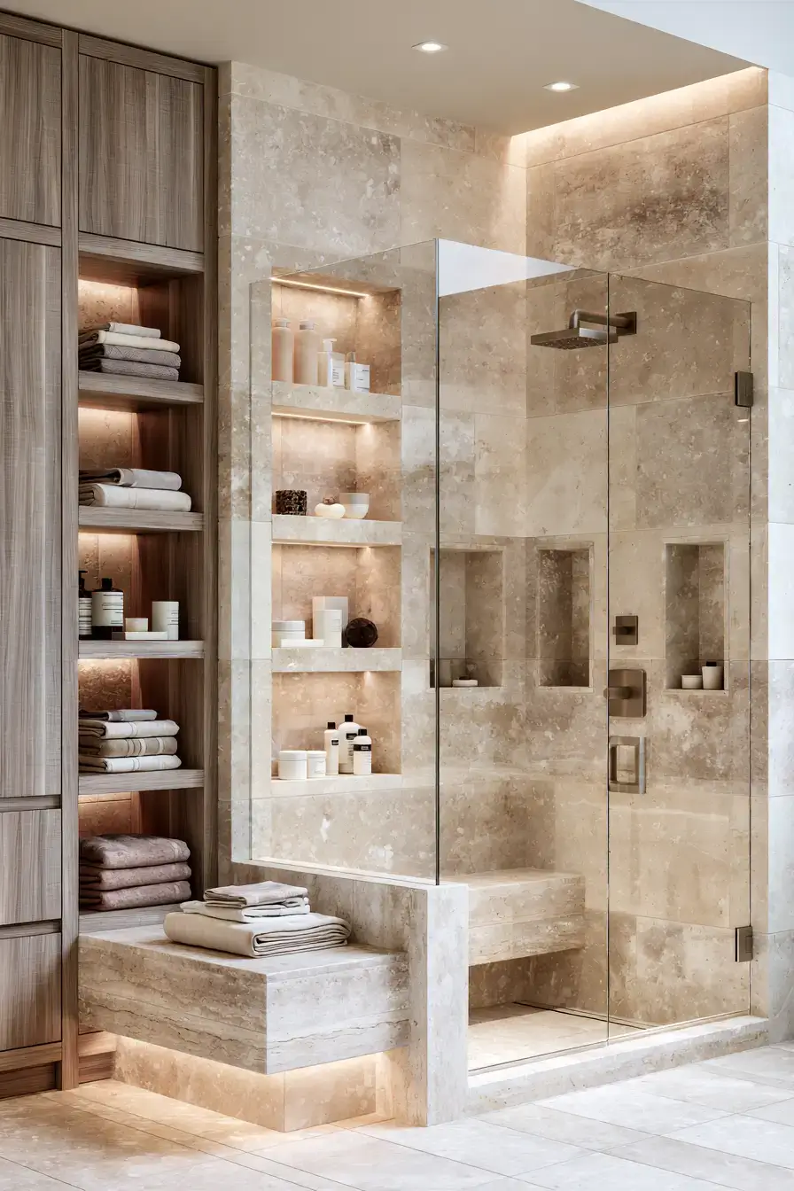 Soft limestone natural stone shower with warm wood and open shelving