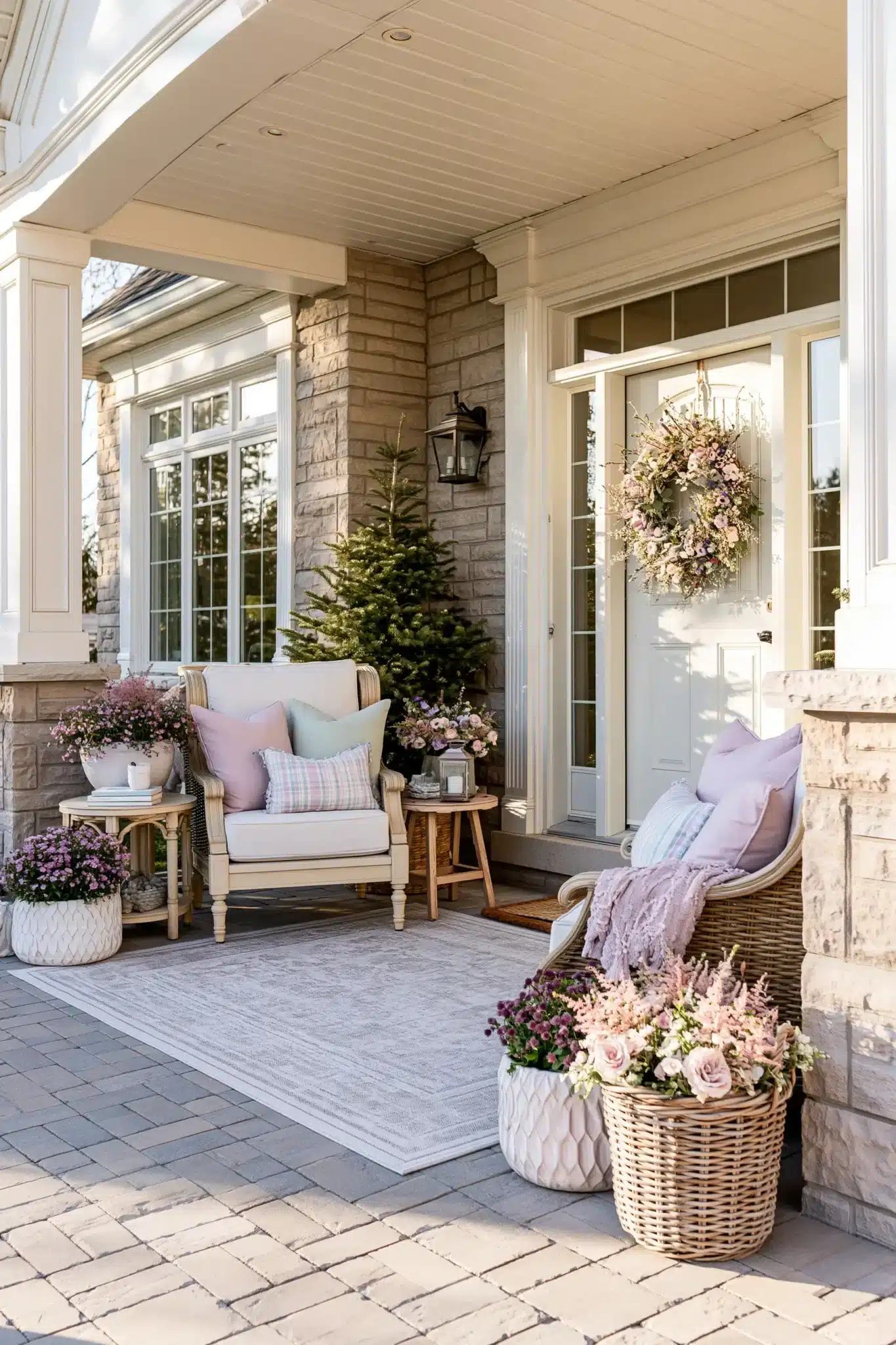 A spring porch styled with pastel cushions, light planters, and soft seasonal flowers.