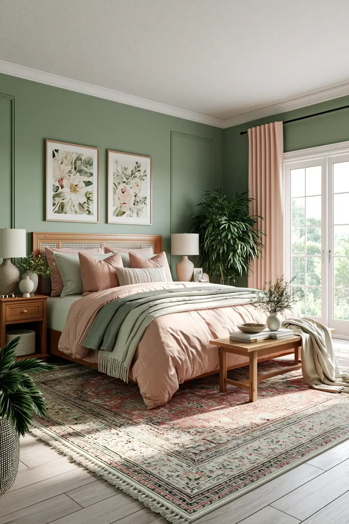 Romantic sage green and blush bedroom with soft fabrics, greenery, and statement decor.