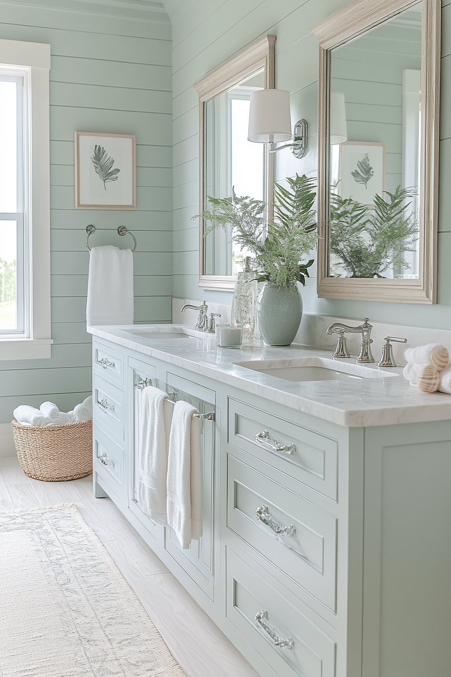 Modern coastal bathroom with layered seafoam tones and marble surfaces
