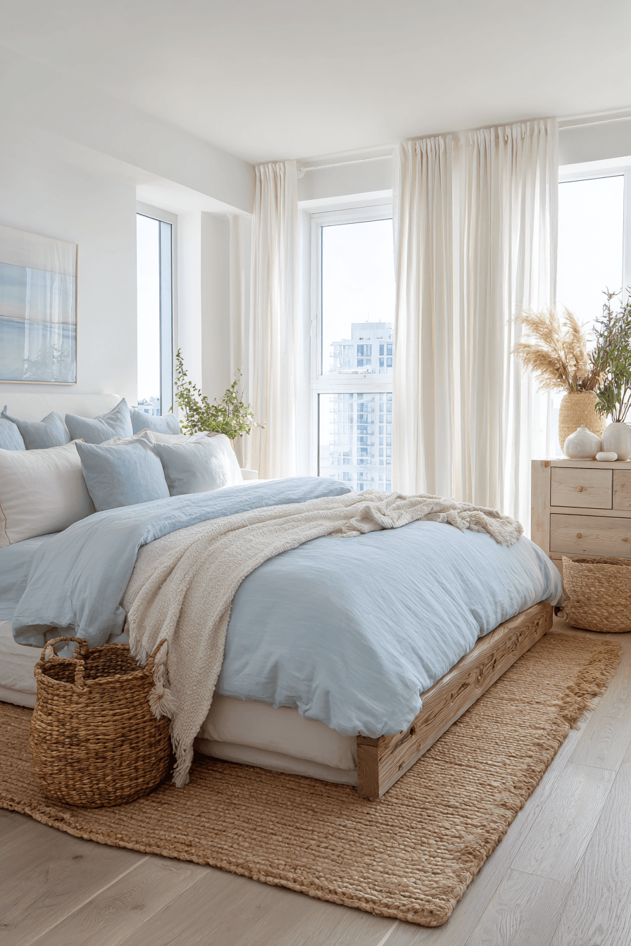 Gentle coastal bedroom with soft blue walls white bedding rattan accents and driftwood details