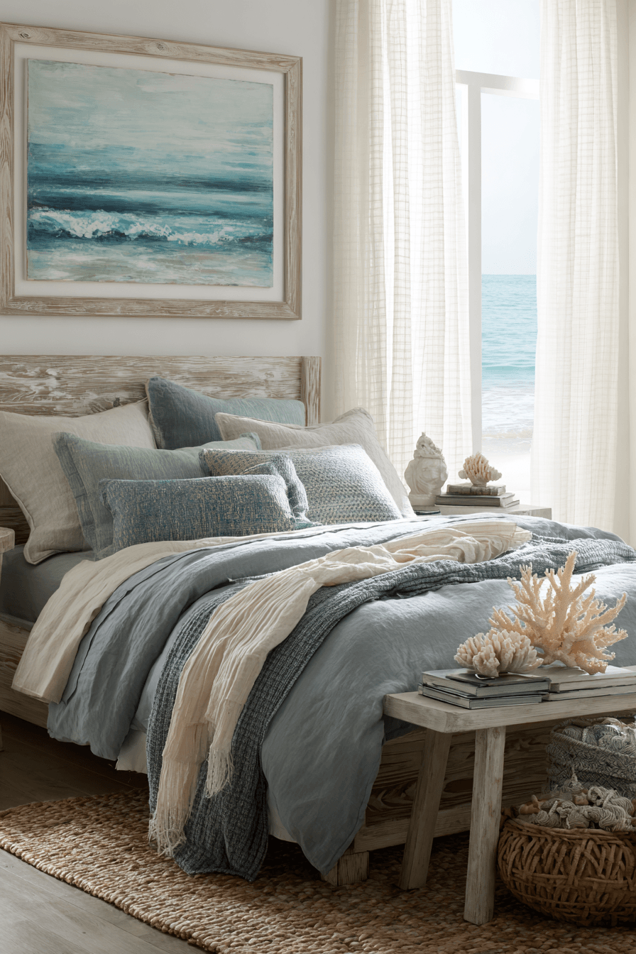 Wave-inspired coastal bedroom with curved furniture and soft blue-gray tones