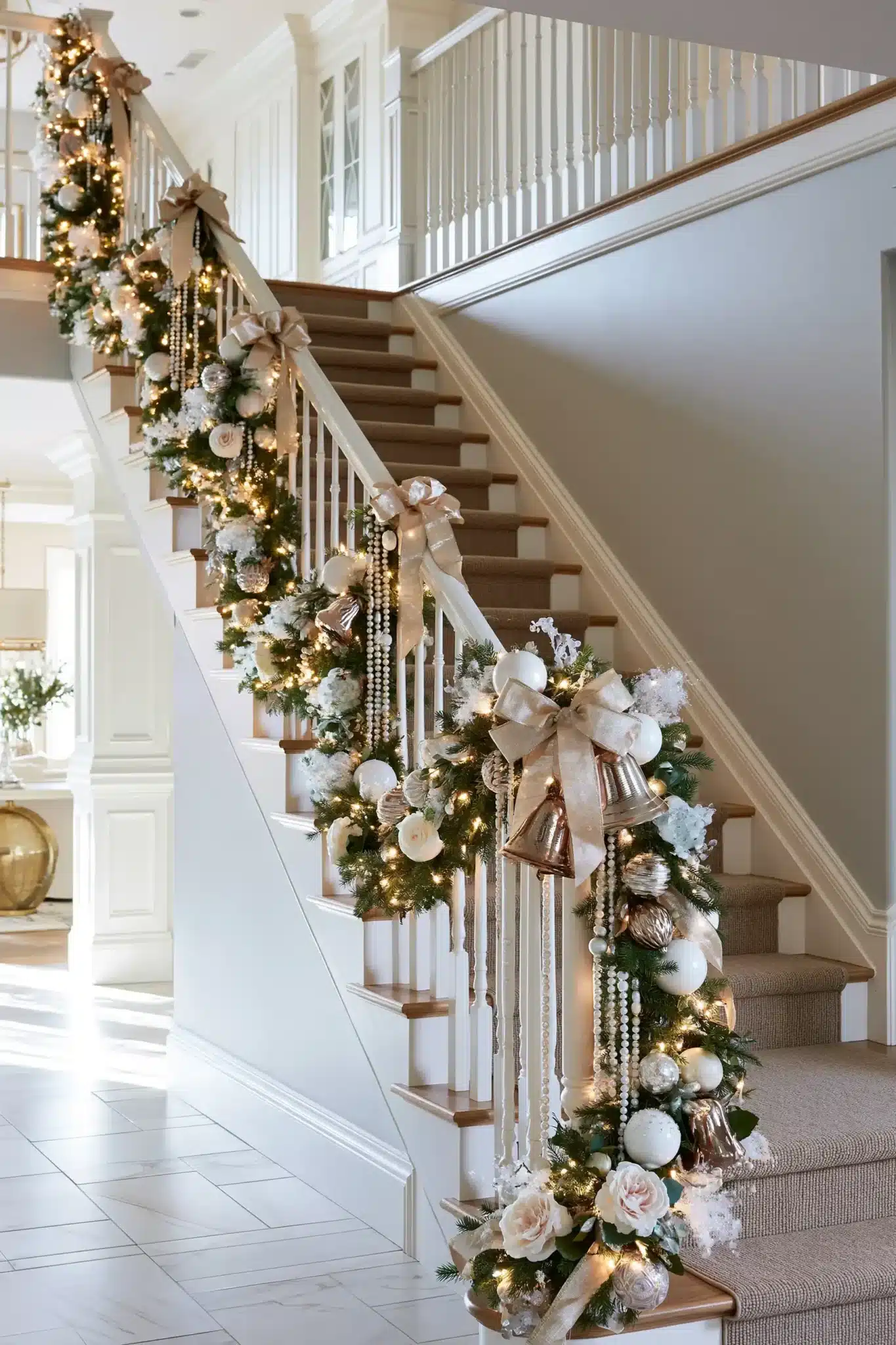 A staircase decorated with garland, gold ribbon, white ornaments, and twinkling lights.