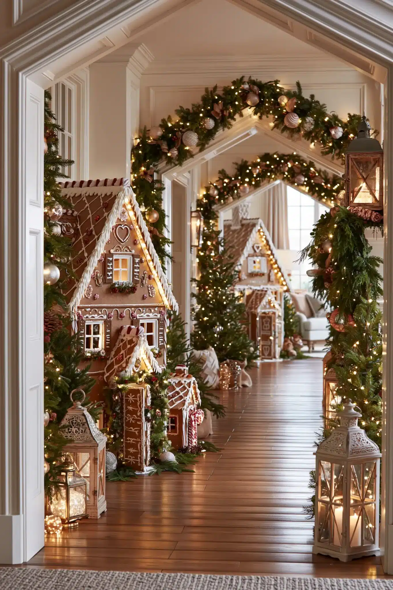 Hallway styled with gingerbread Christmas decor and candy-inspired accents