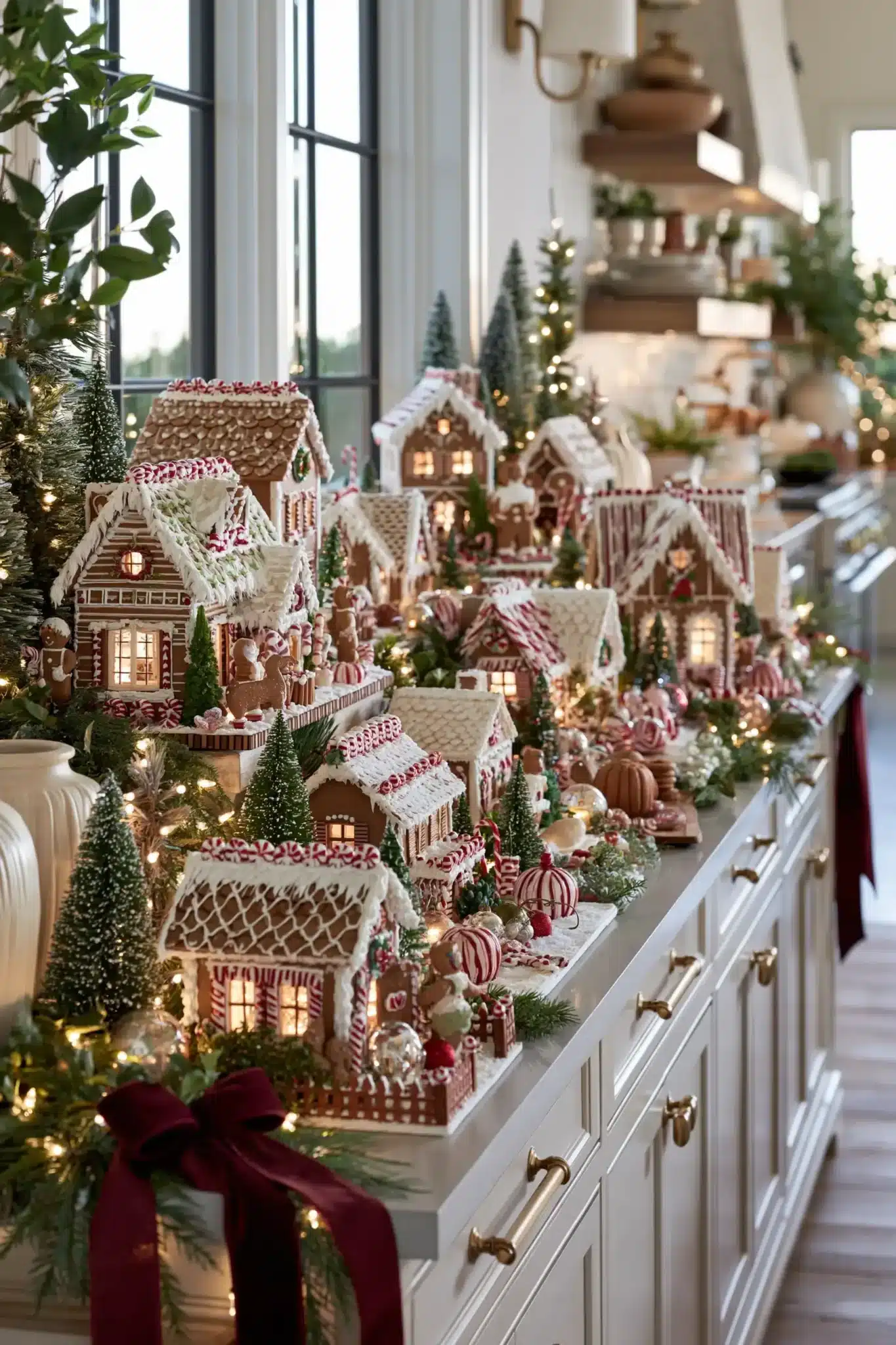 Traditional Christmas decorating with gingerbread houses, candy details, and warm holiday colors.
