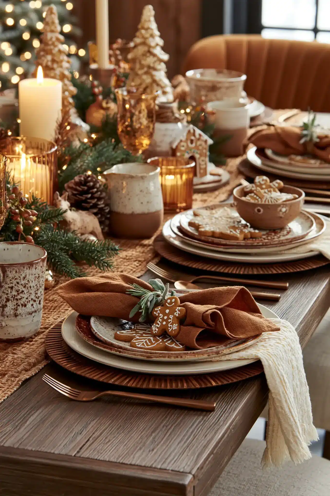 A gingerbread-inspired Christmas table with warm brown tones and festive accents