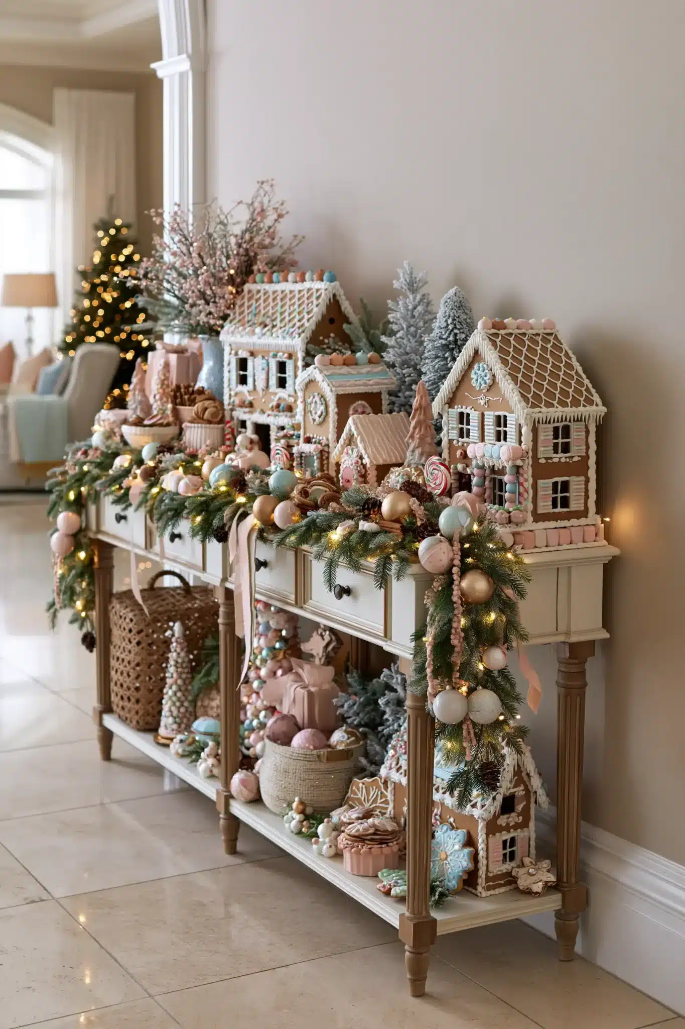 Gingerbread-inspired Christmas entryway table with playful holiday decorations and warm tones
