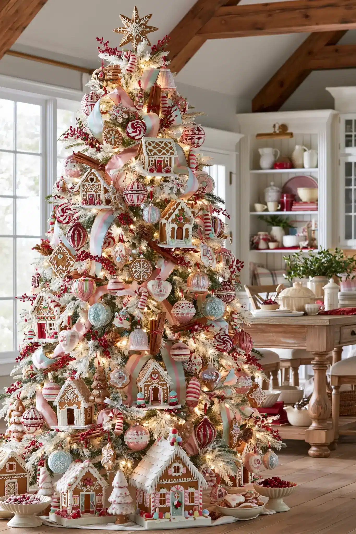 Gingerbread village Christmas tree with warm cookie tones, miniature houses, and candy ornaments