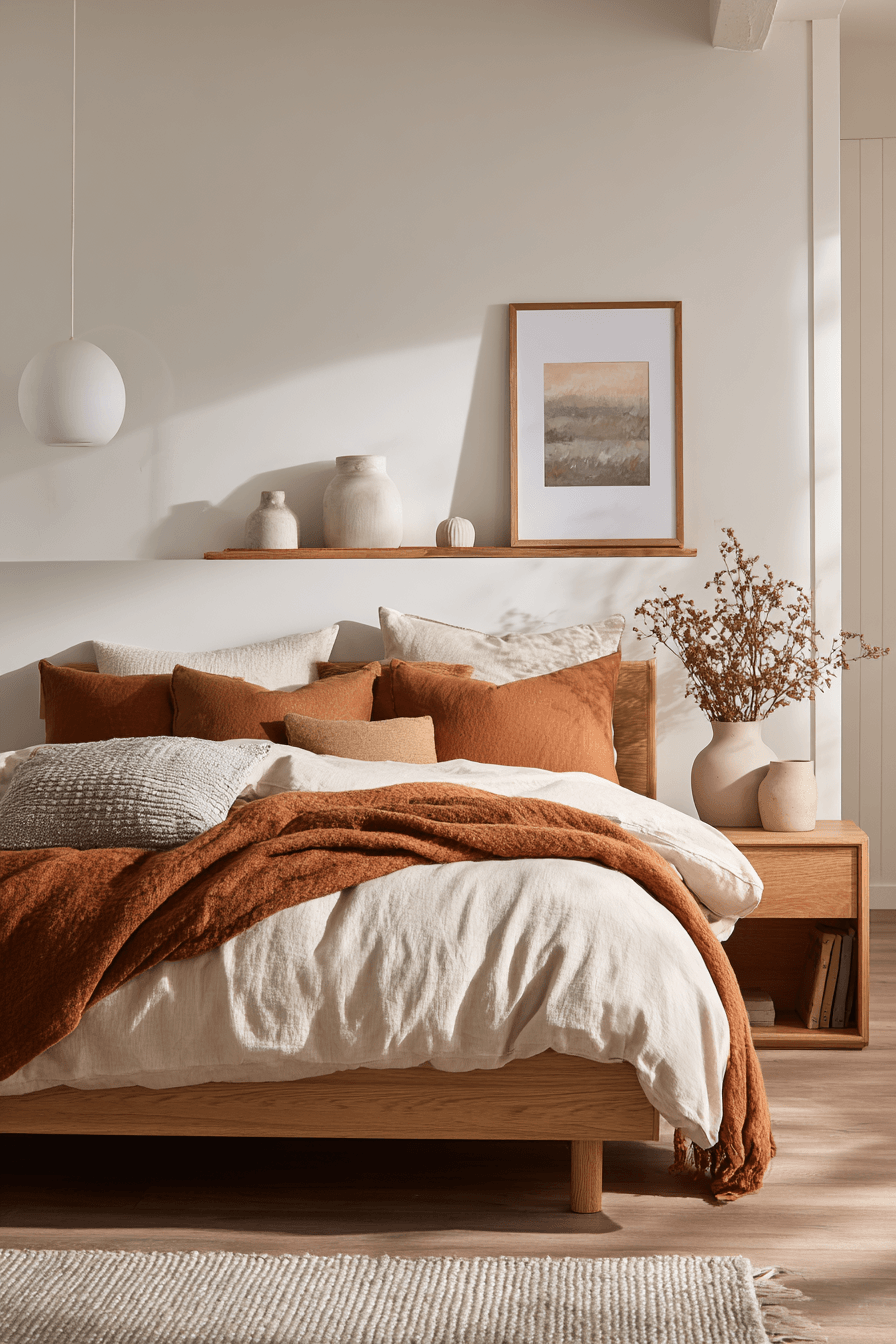 Warm Scandinavian bedroom with light wood furniture and cozy textiles