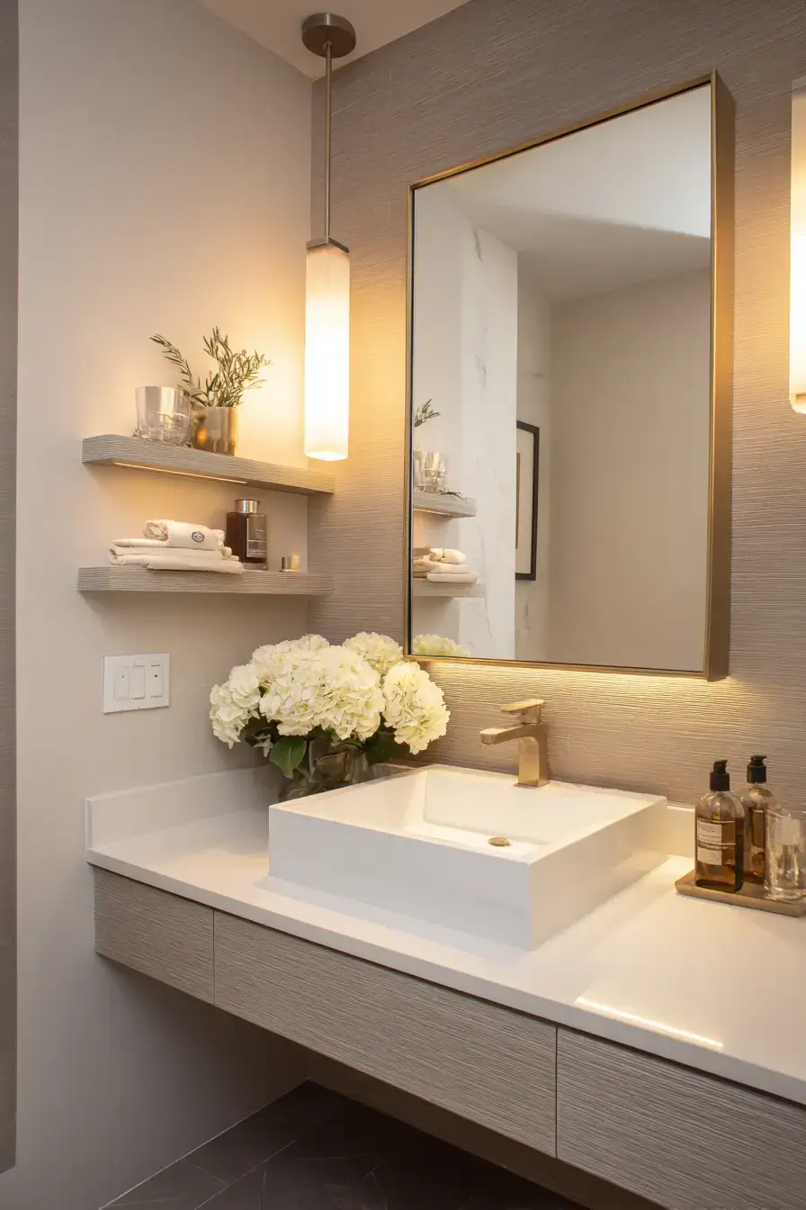 Contemporary powder room with modern lines and bold accents