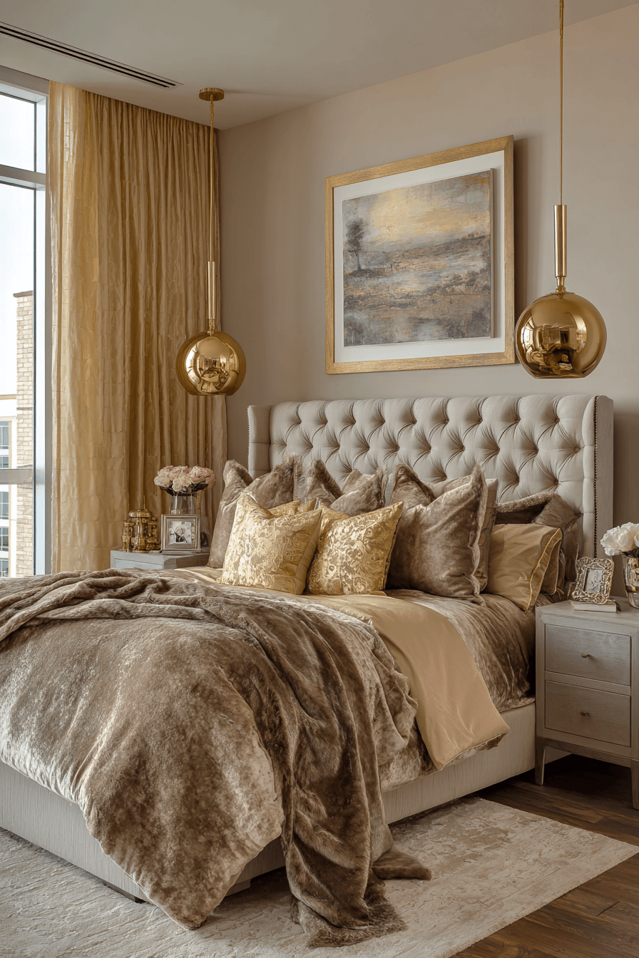 Warm luxe bedroom with velvet bedding, gold accents, and elegant layered decor