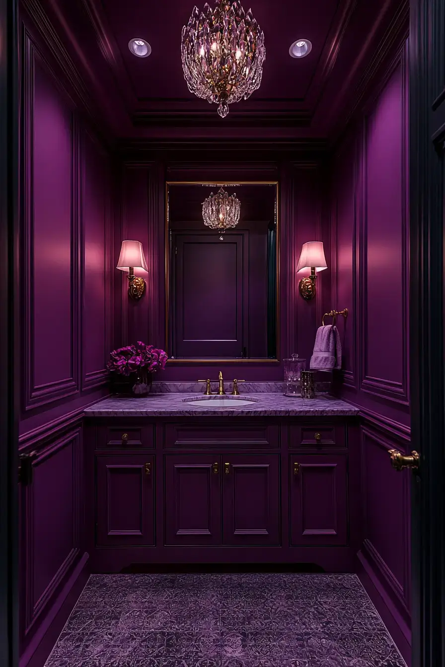 A glamorous purple guest bathroom with mirrored surfaces and gold details