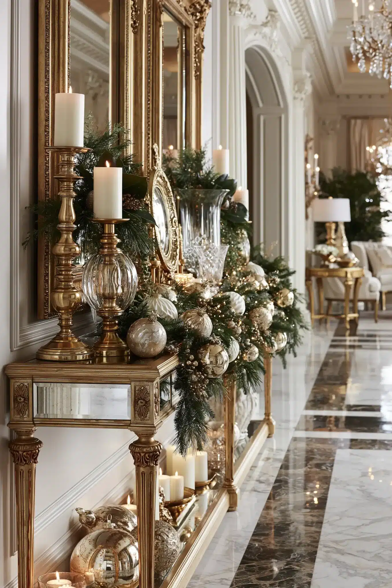 Luxurious gold Christmas entryway table with metallic accents, mirrors, and greenery