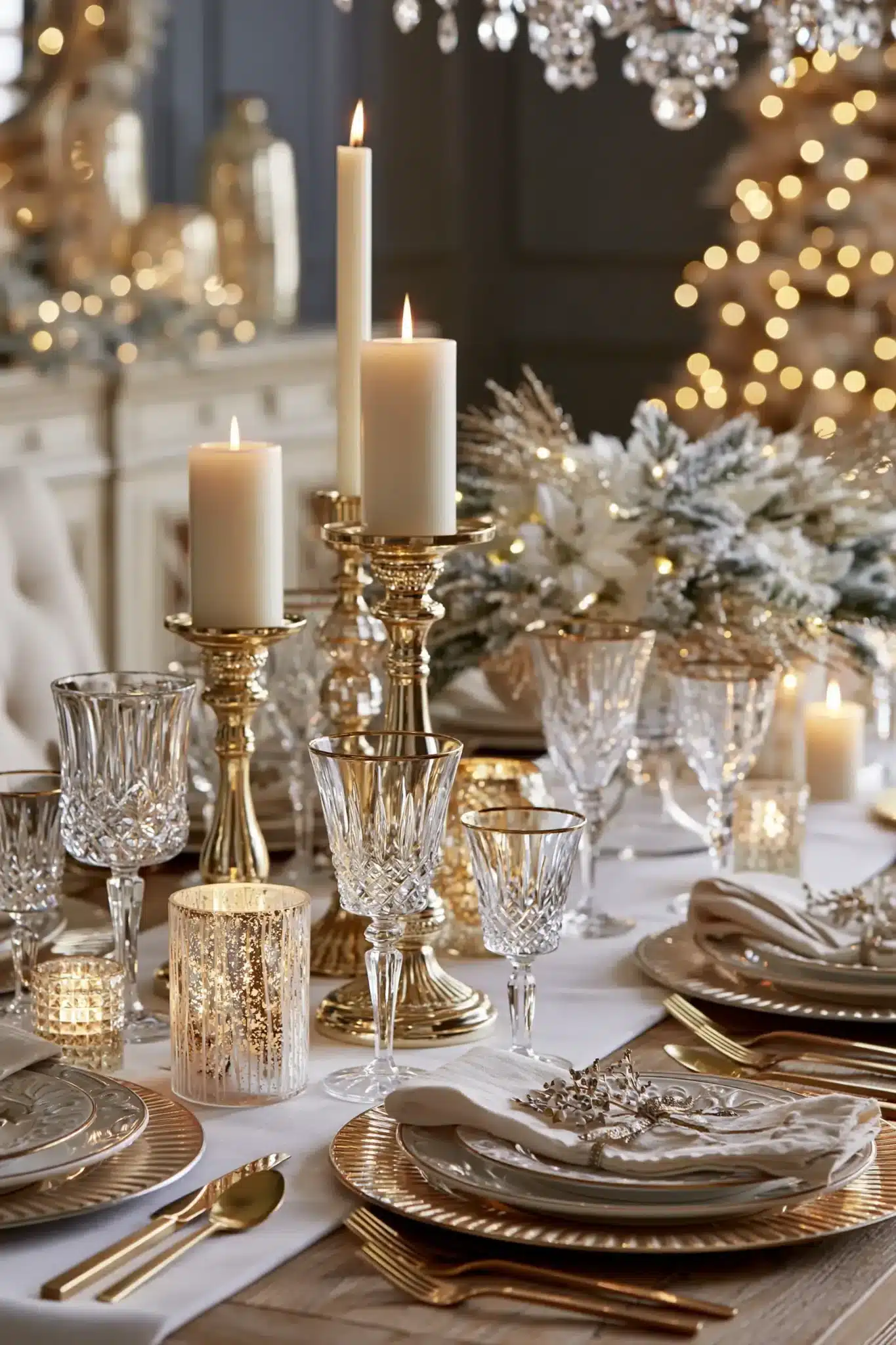A glamorous dining room with a white table runner, gold candleholders, and a sparkling centerpiece.