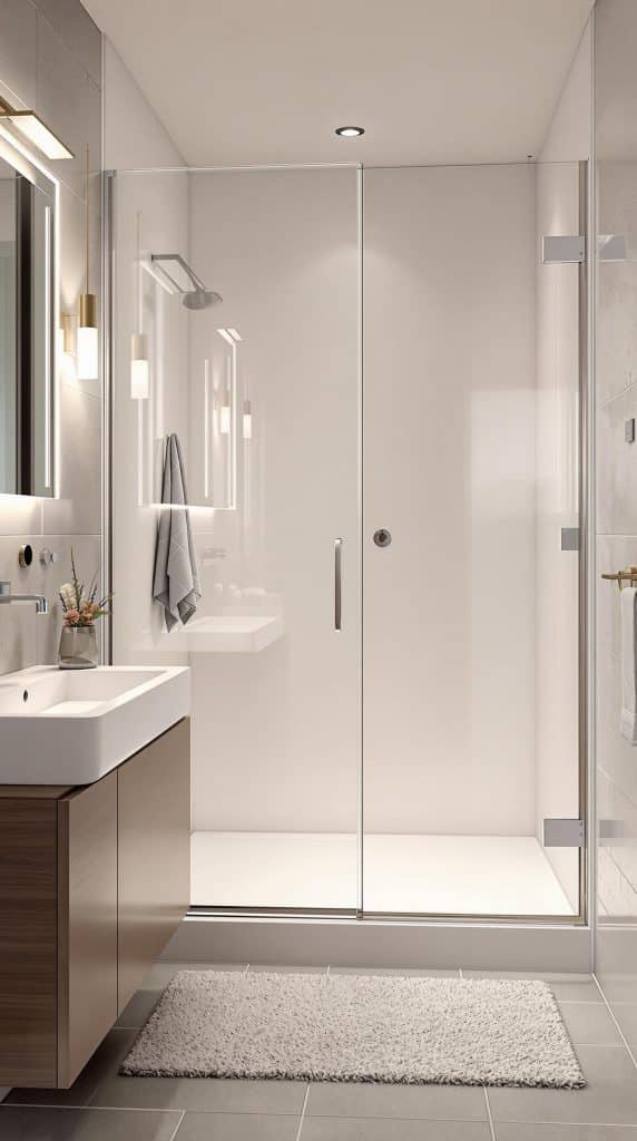 High-gloss acrylic walk-in shower in a small bathroom.