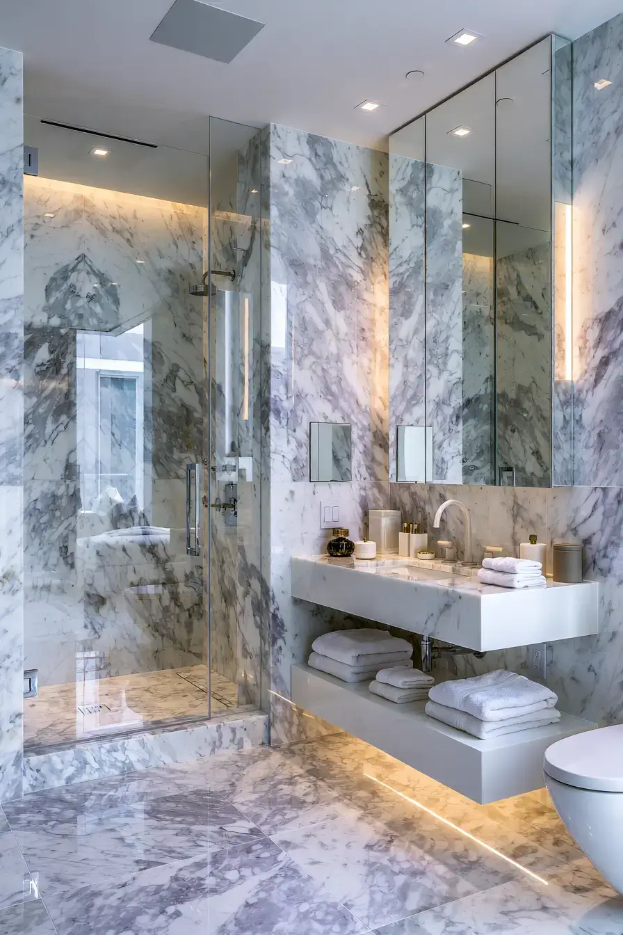 Polished marble shower with glass enclosure and soft neutral accents