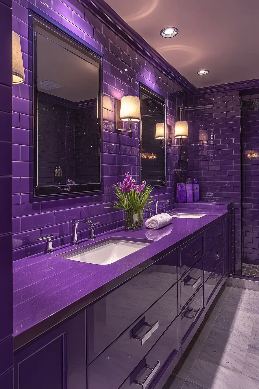 A sleek bathroom with glossy purple accents and reflective surfaces