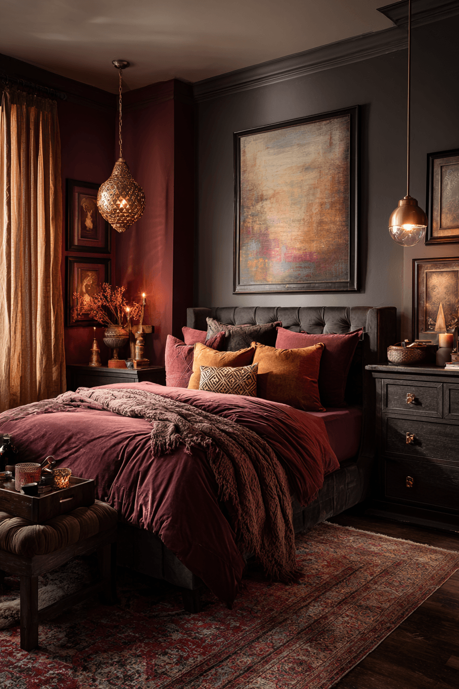 Moody warm bedroom with deep earth tones, plush bedding, and soft lighting
