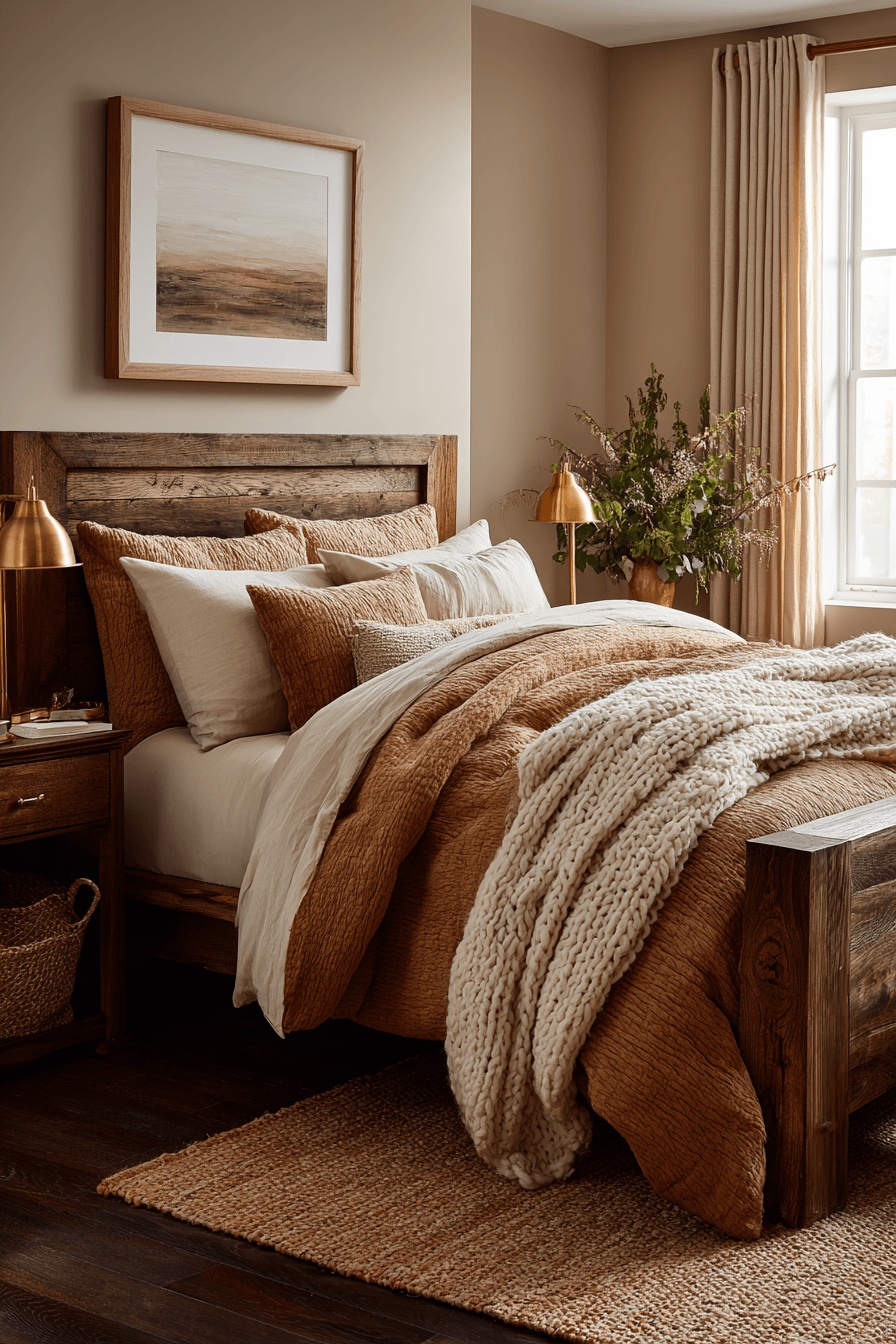 Cozy warm bedroom with caramel bedding, wood furniture, and brass accents