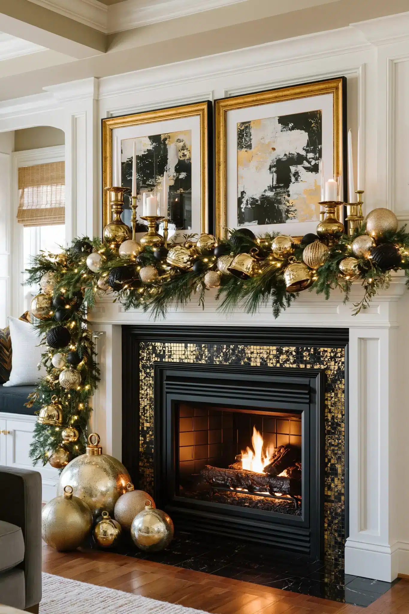 A Christmas hearth styled with gold accents, greenery, and a warm festive glow.