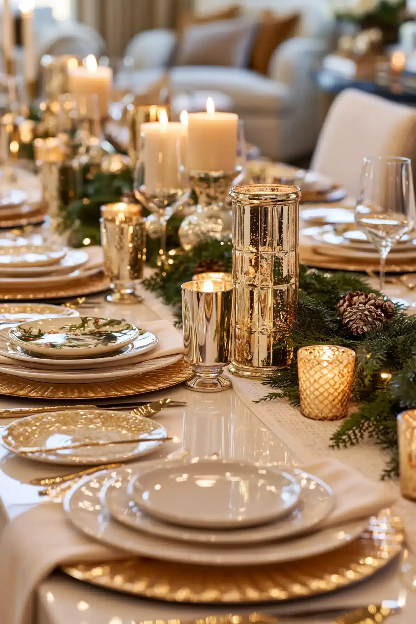 A golden Christmas dinner table with metallic accents and soft greenery