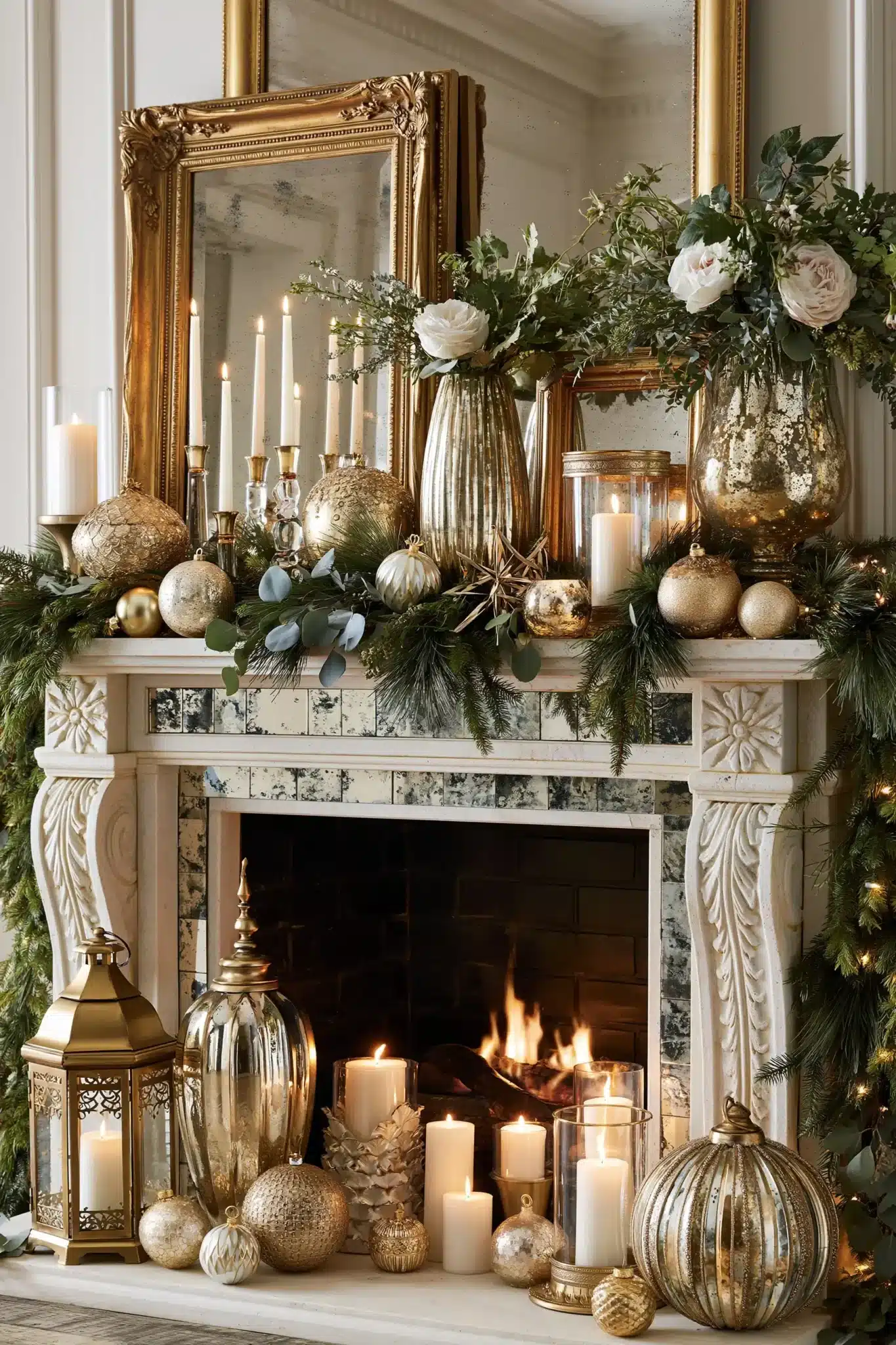 Elegant Christmas mantel with gold accents, candles, and greenery