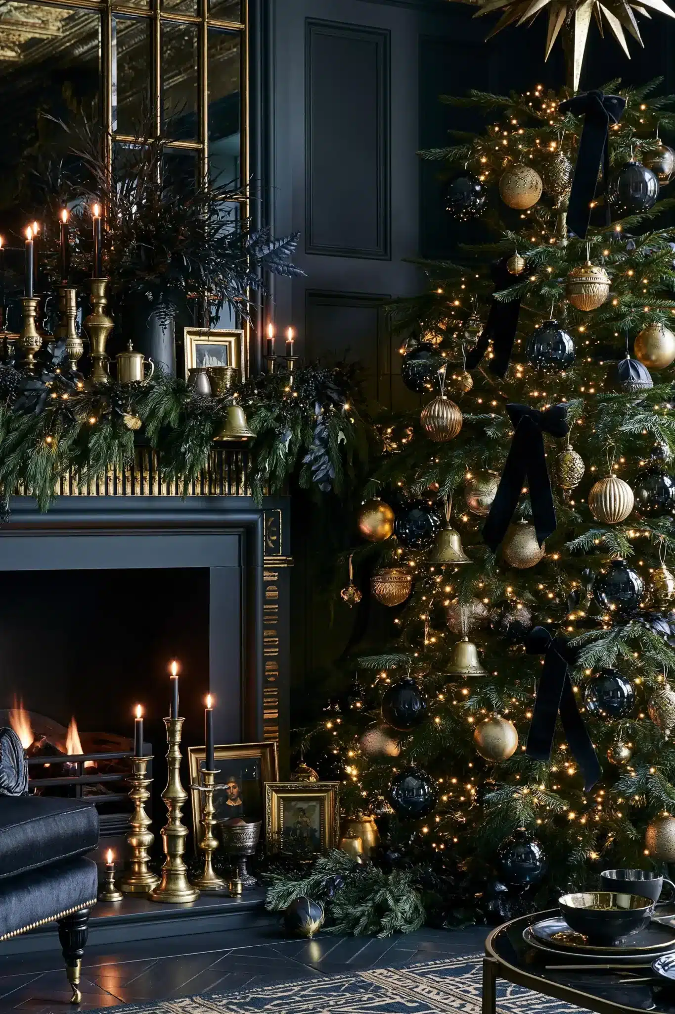 Moody Christmas decor with black, charcoal, evergreen, and aged gold accents.