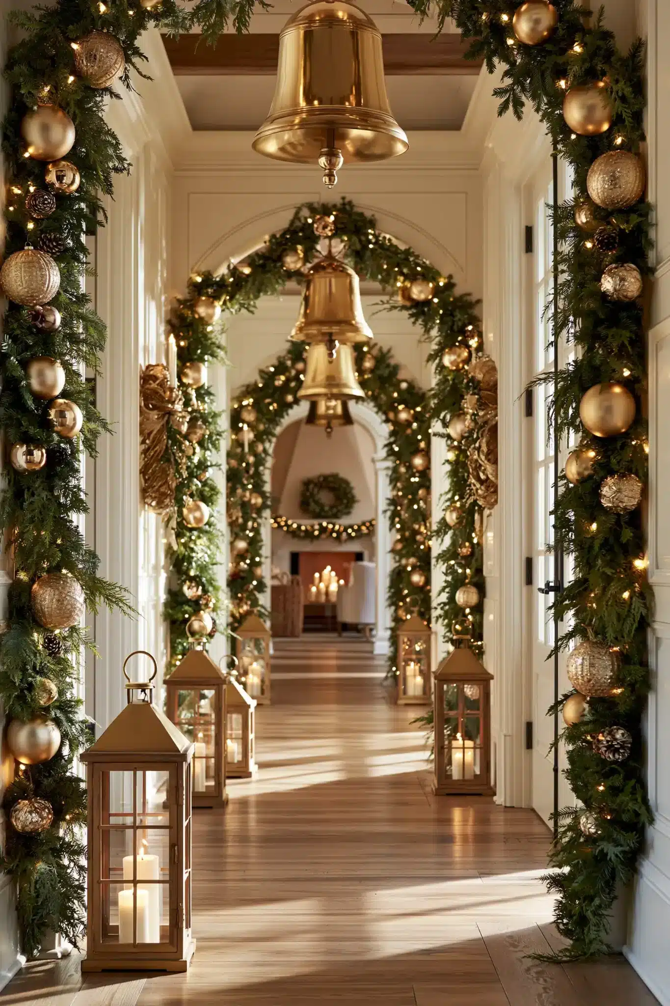 Festive hallway decorated with golden bells, greenery, and Christmas ornaments