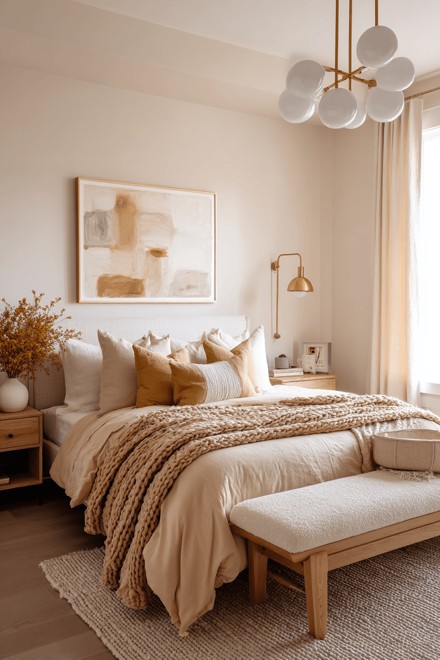 Buttery warm neutral bedroom with soft golden beige tones and simple wood furniture