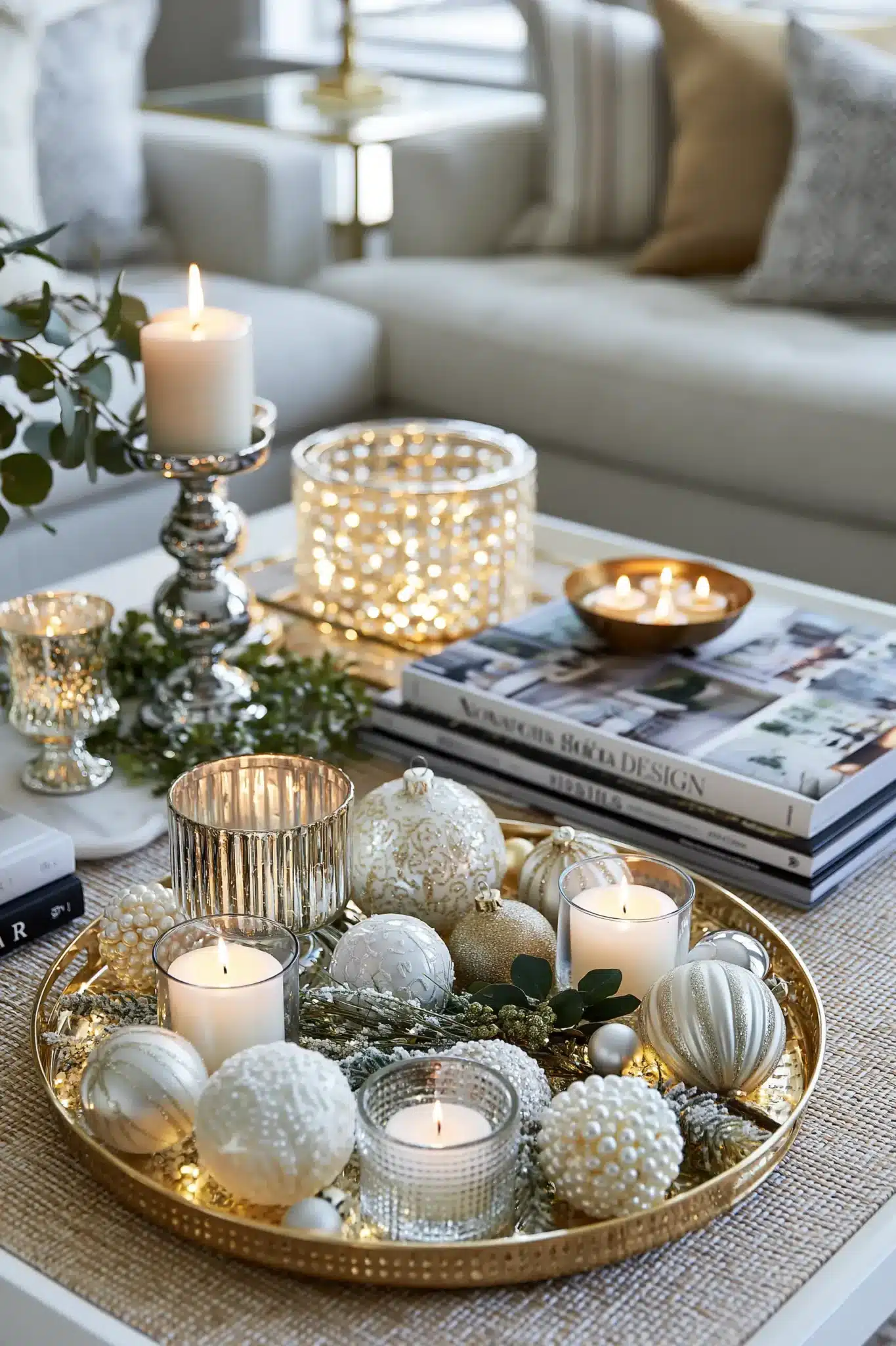 A coffee table styled with gold candles, white ornaments, greenery, and a seasonal book.