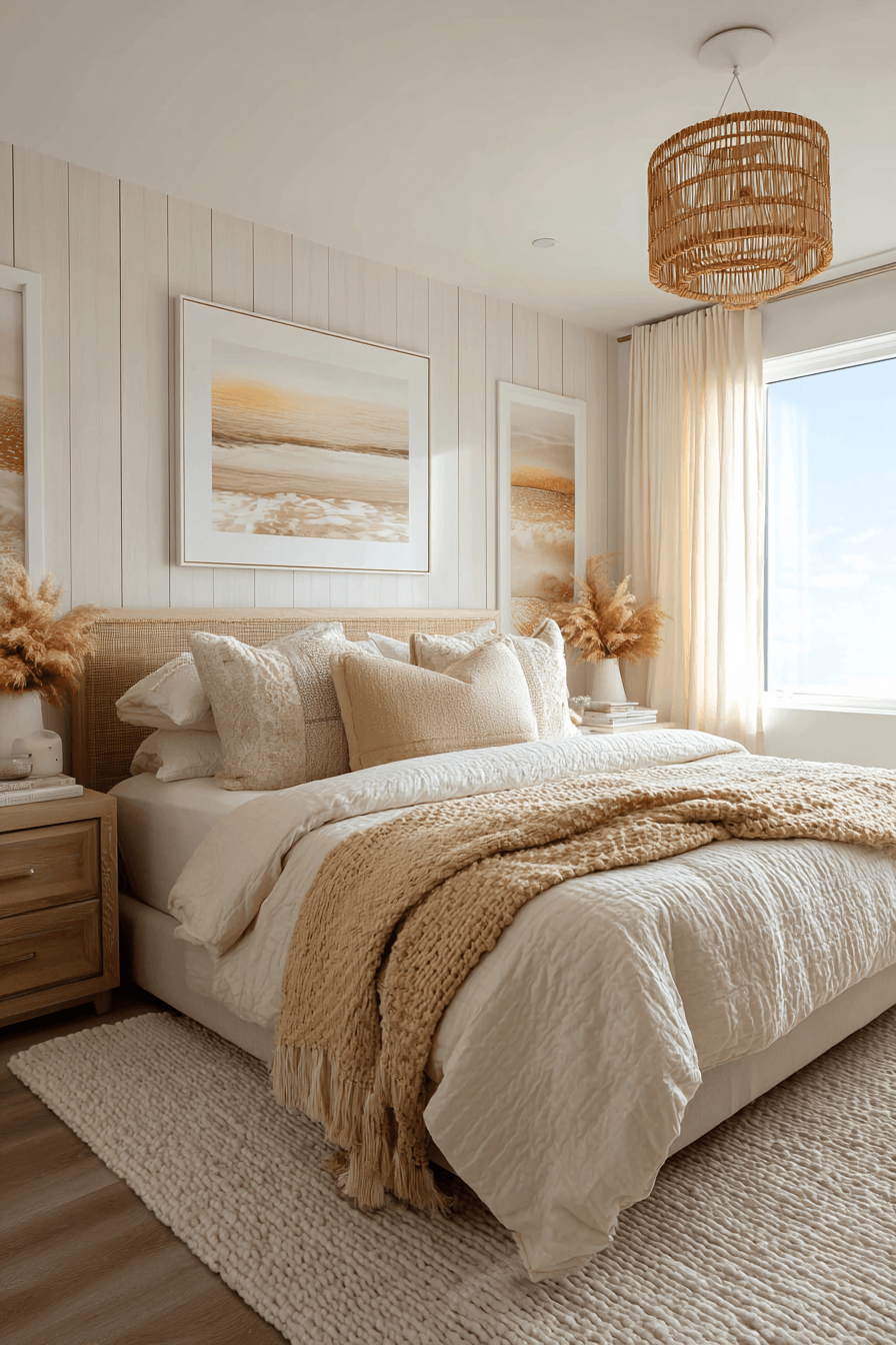 Beachy bedroom with warm golden light woven shades buttery pillows and whitewashed walls