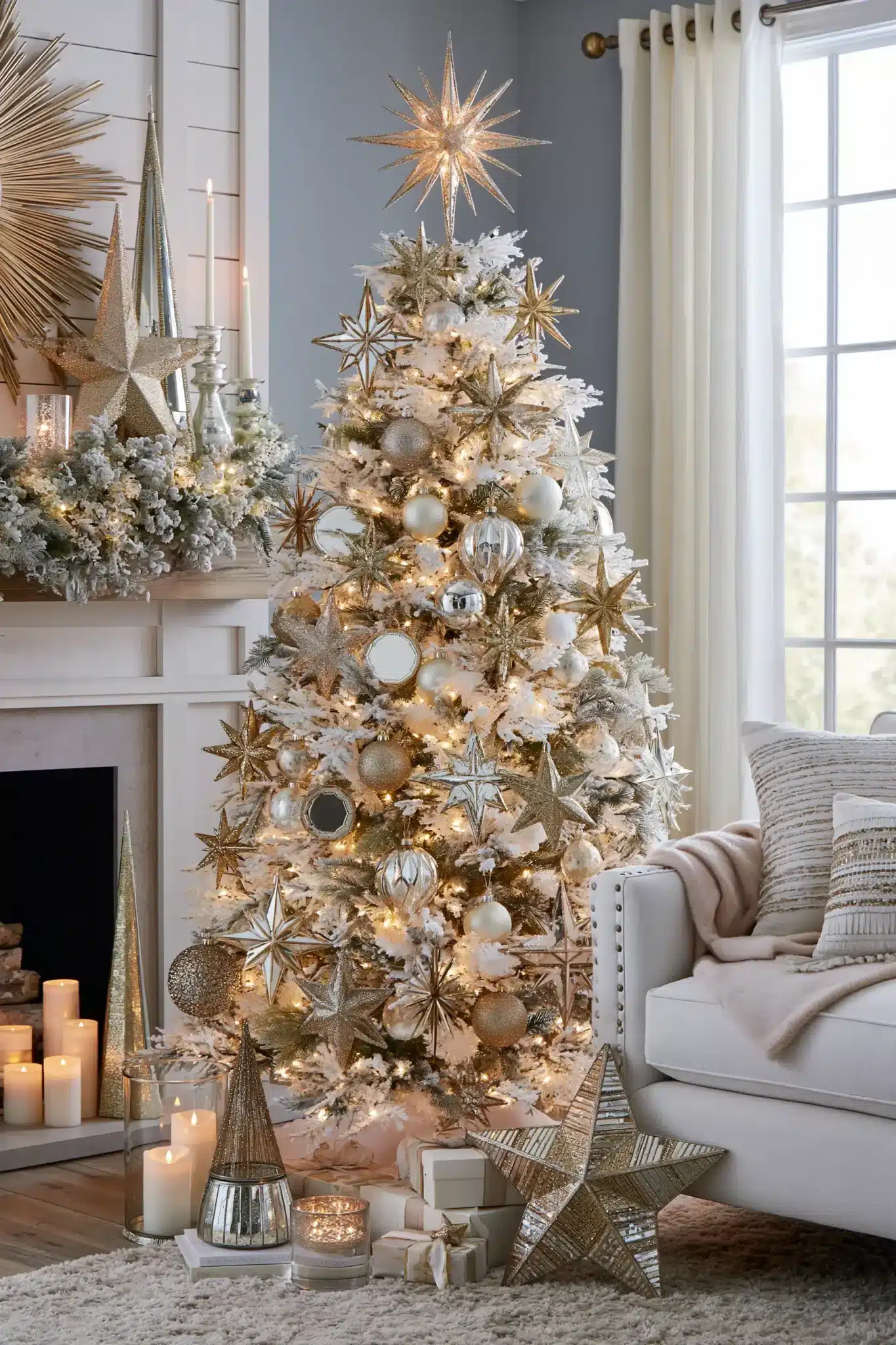 A Christmas holiday theme styled with gold stars, white lights, and soft neutral accents.