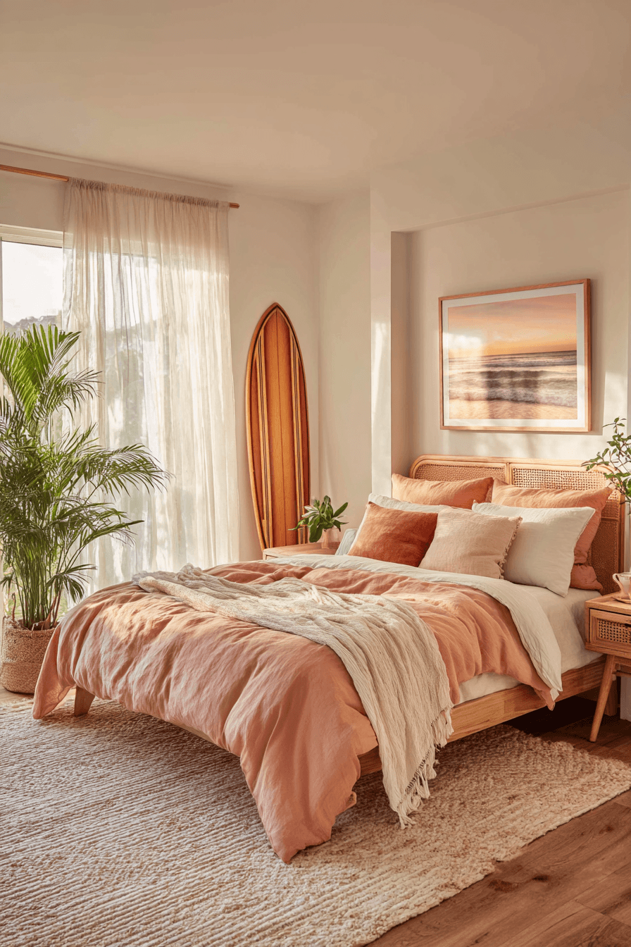 Sunset-inspired beach bedroom with blush tones, terracotta accents, and warm lighting