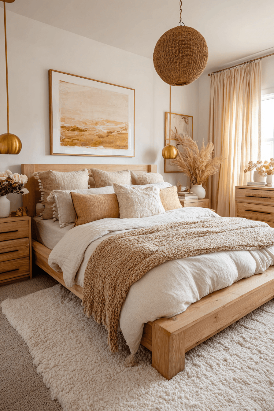 A golden tan bedroom with creamy layers, wood furniture, and brass accents
