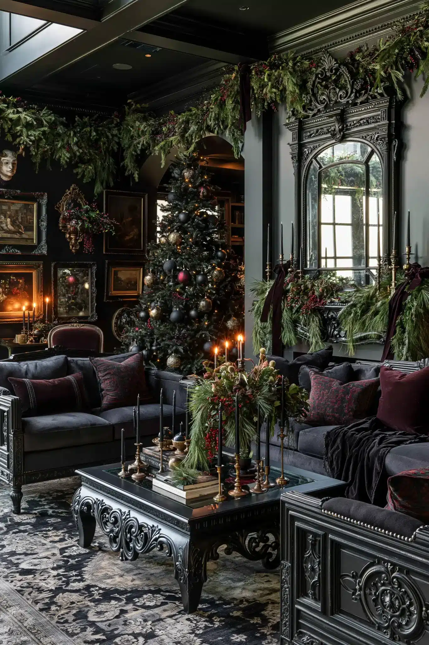 Dark holiday decor with evergreen garlands, black candles, vintage frames, and antique-style accents.