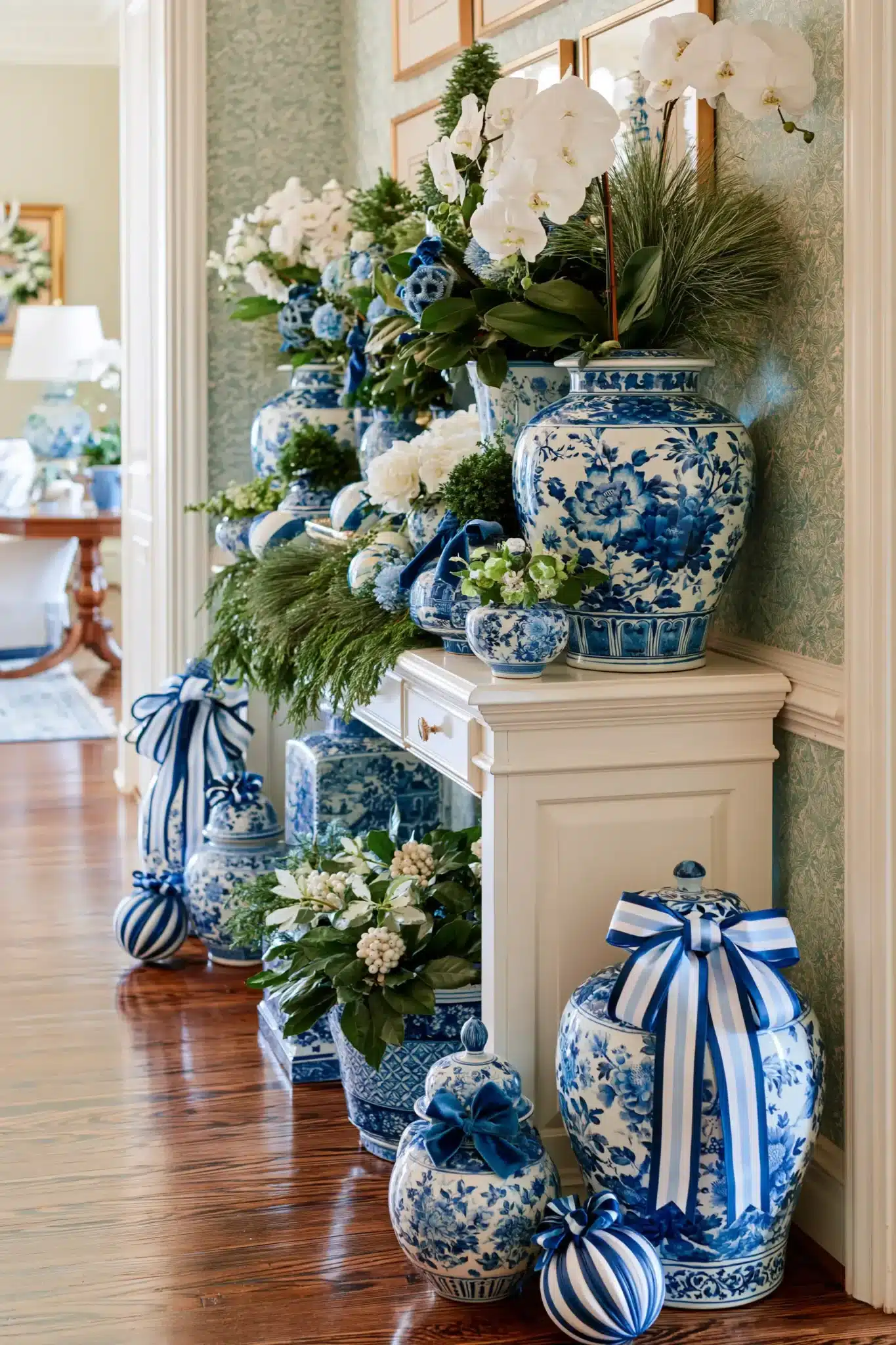 Stylish hallway with grandmillennial Christmas decor, patterns, and elegant greenery