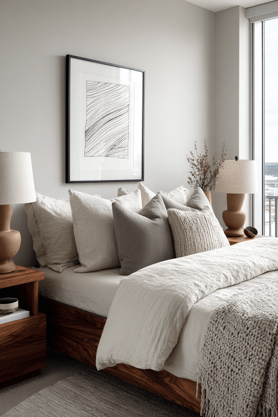 Warm minimalist bedroom in greige tones with warm wood accents