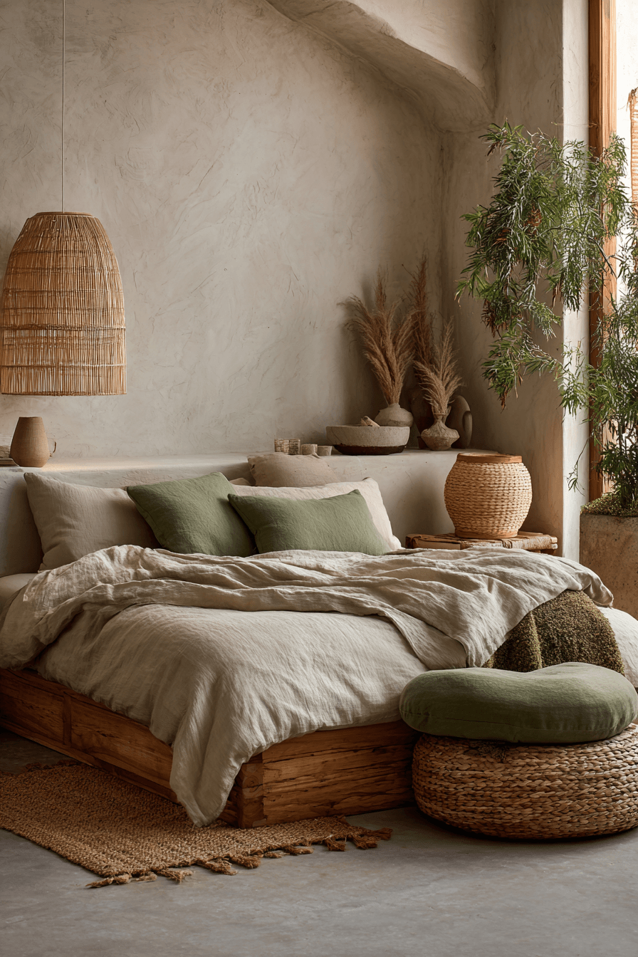 Warm minimalist bedroom with earthy tones, rounded furniture, and natural decor