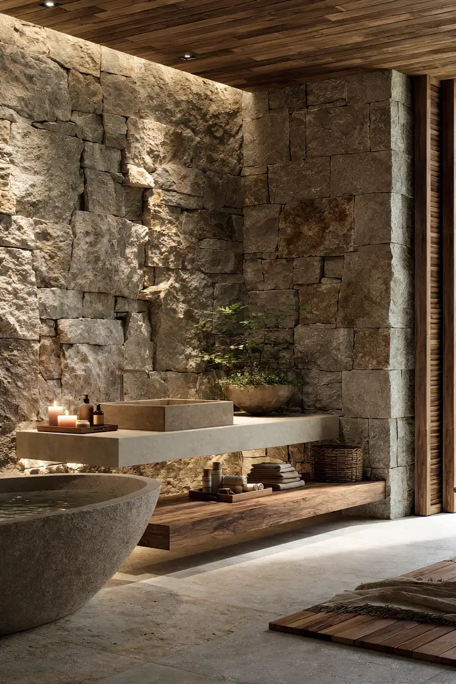 Earthy stone bathroom with layered textures and soft lighting