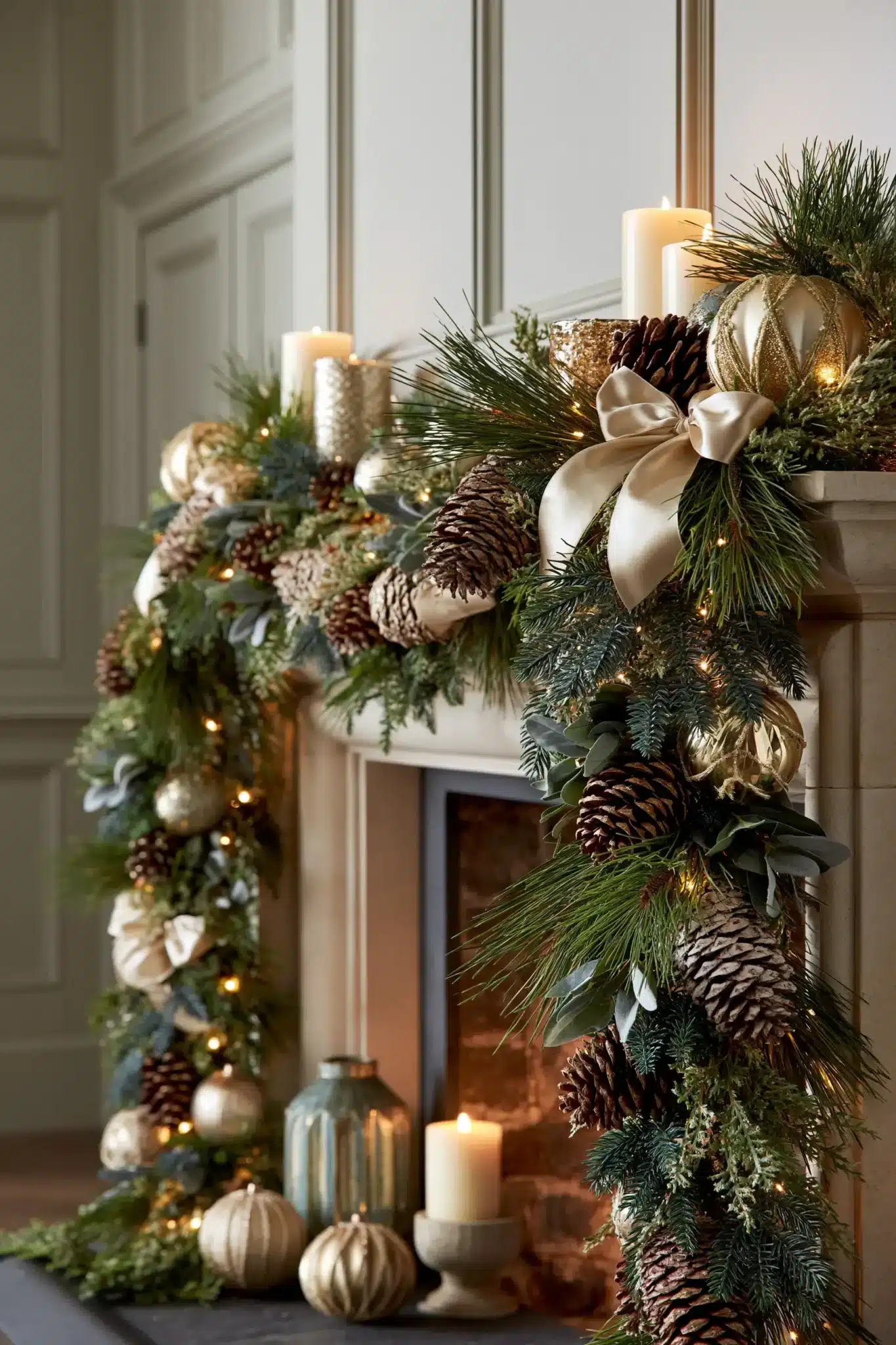 Christmas mantel with lush evergreen garland, pinecones, ribbon, and candles