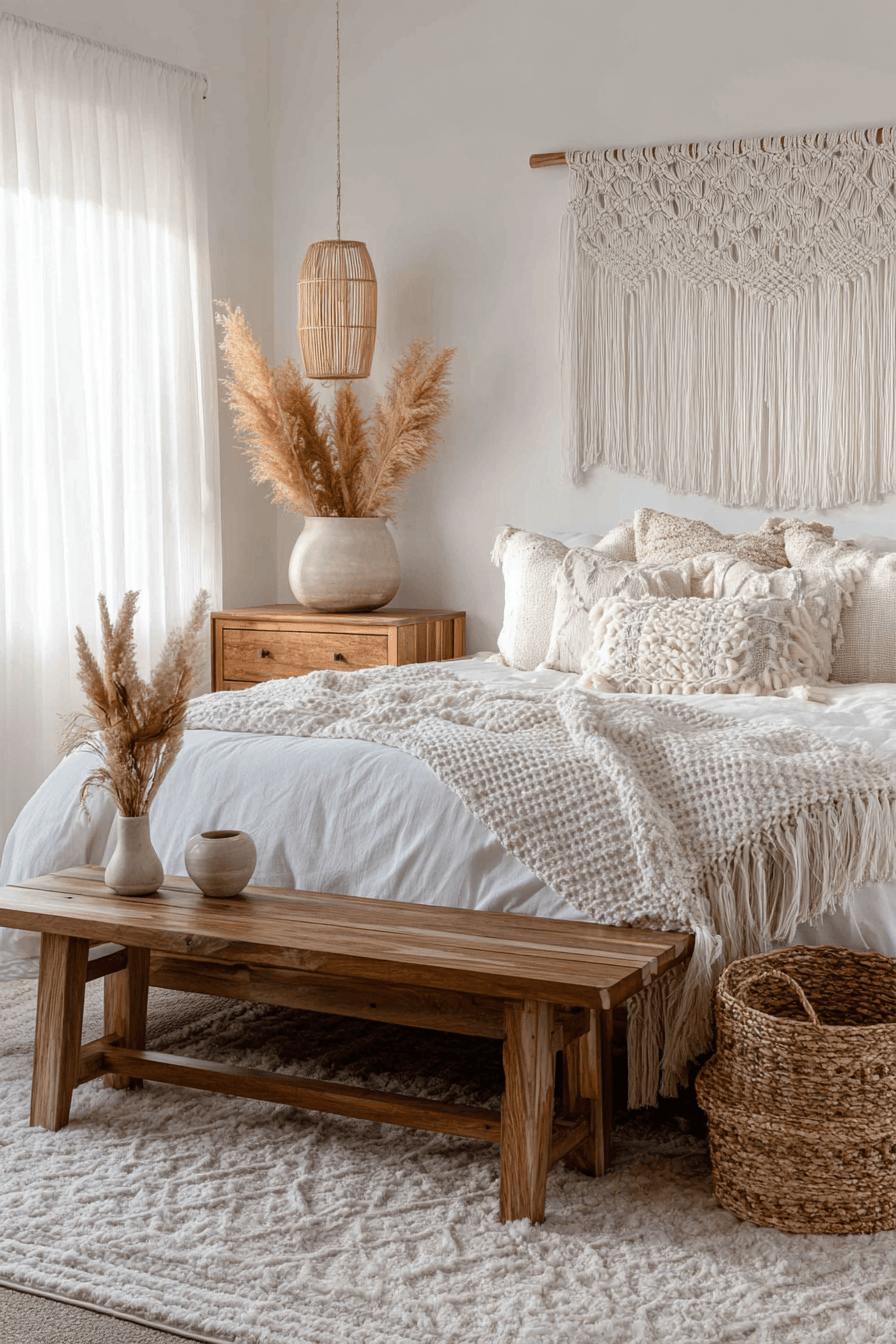 Beachy boho bedroom with macramé wall art, plant hangers, seagrass rug, and pale wood furniture