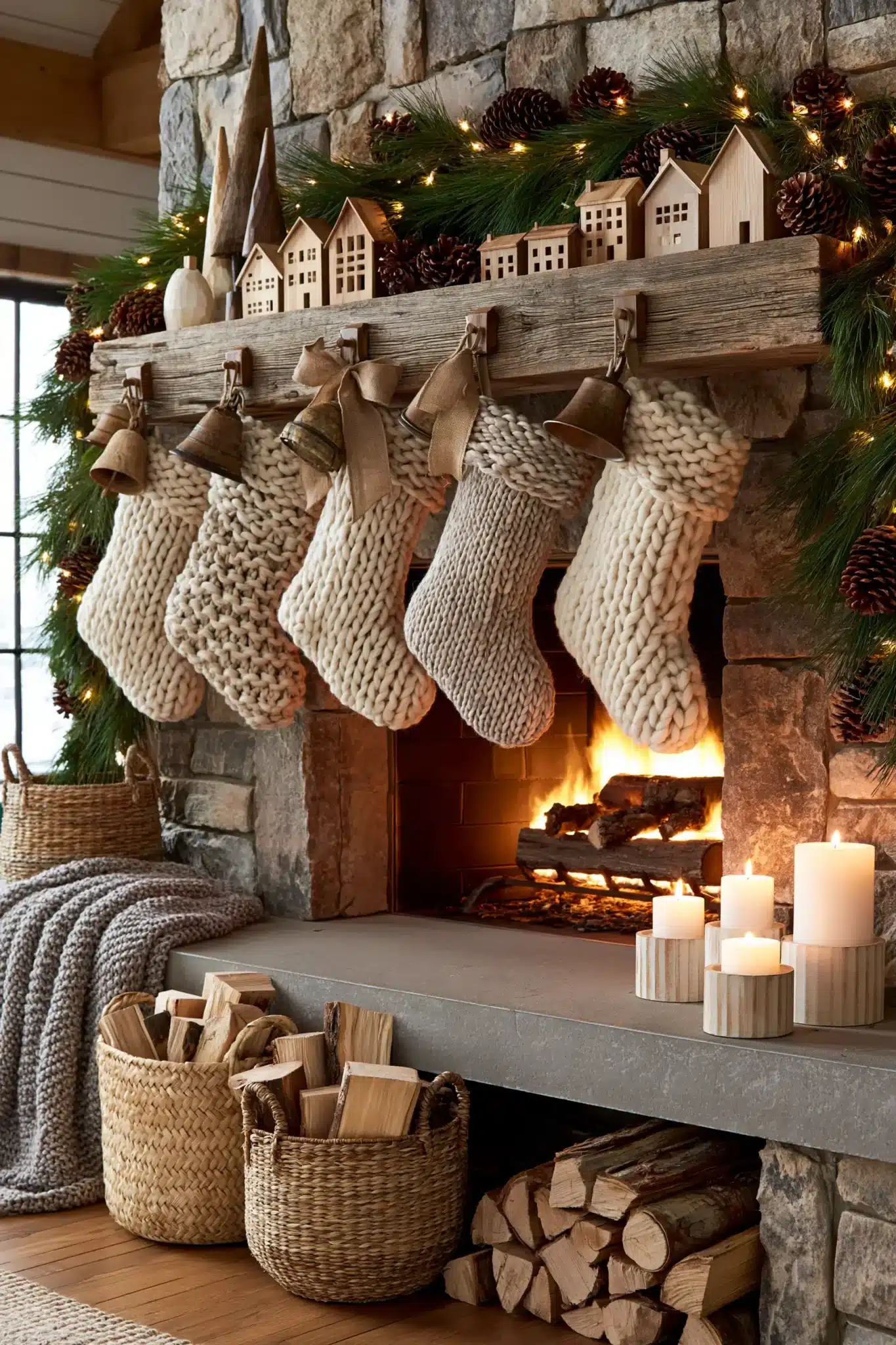 A rustic Christmas fireplace styled with knit stockings, greenery, and wood details.