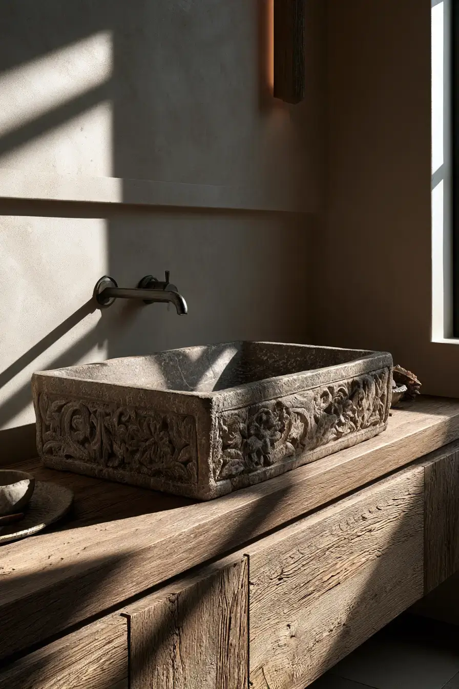 A handcrafted stone sink highlighted by warm light and simple finishes