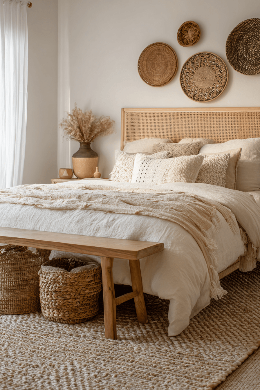 A warm cozy bedroom featuring cane furniture, a jute rug, and knit textures.