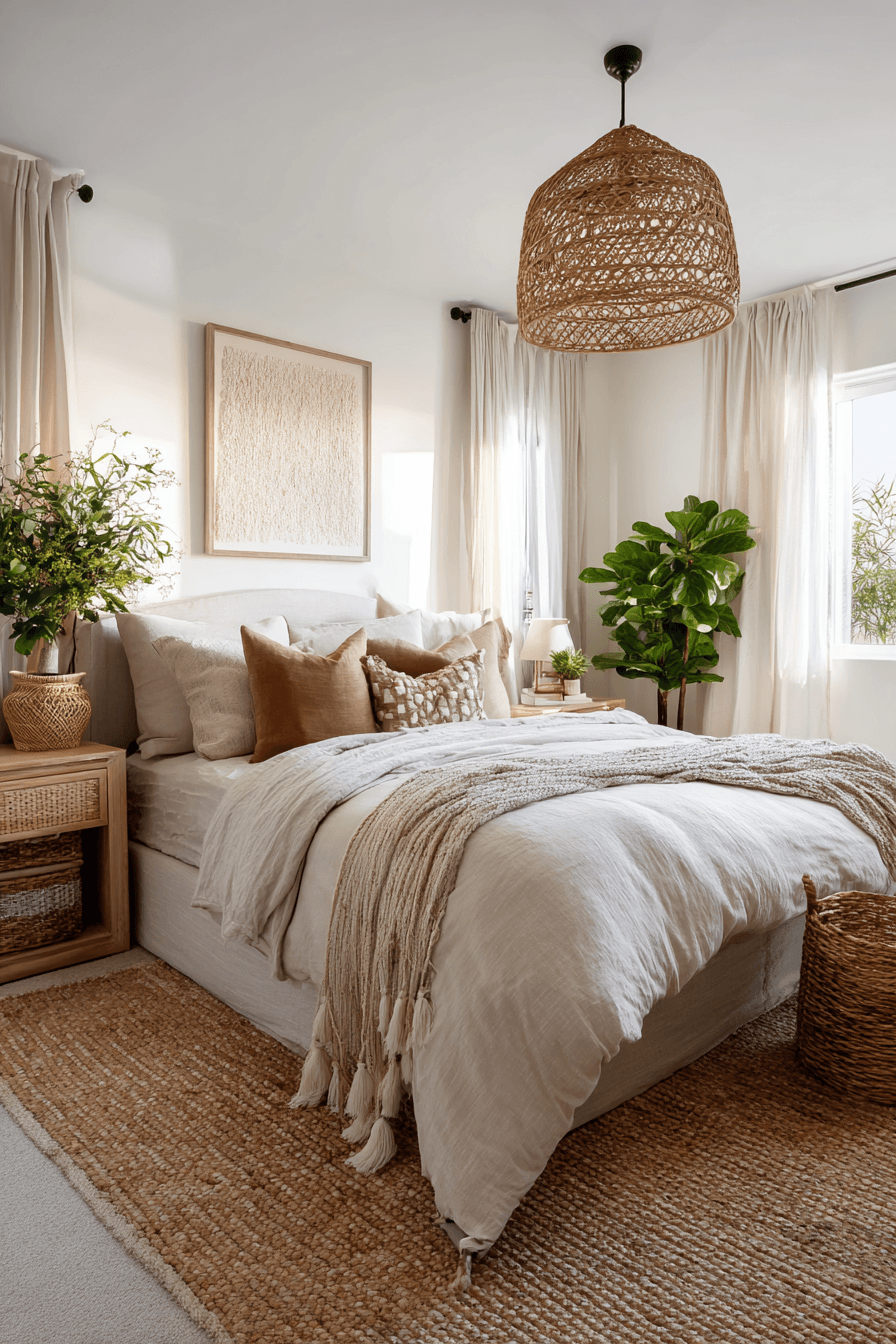 Warm neutral bedroom with woven light fixture, jute rug, and cane furniture