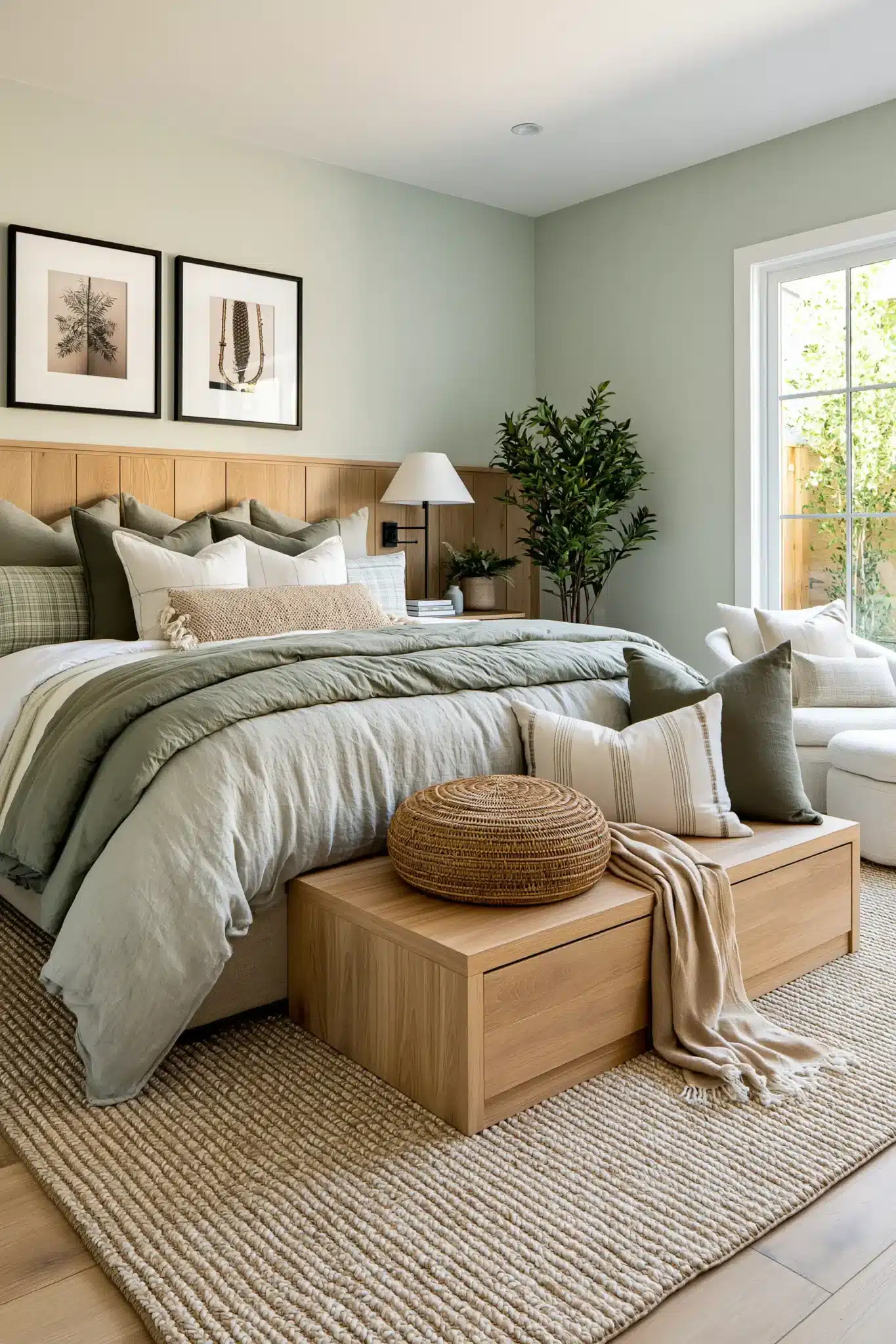 Balanced sage green and grey bedroom with warm neutrals, textured bedding, and calm styling