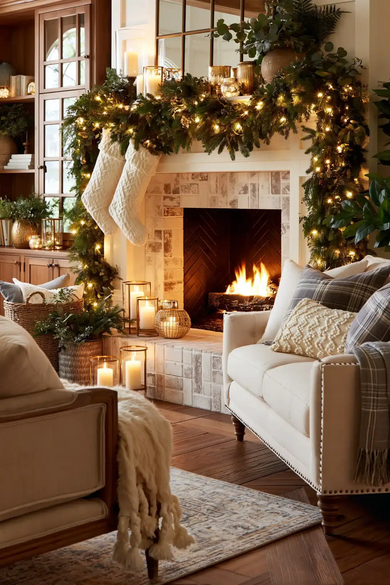 A fireplace styled with heirloom-inspired Christmas decor