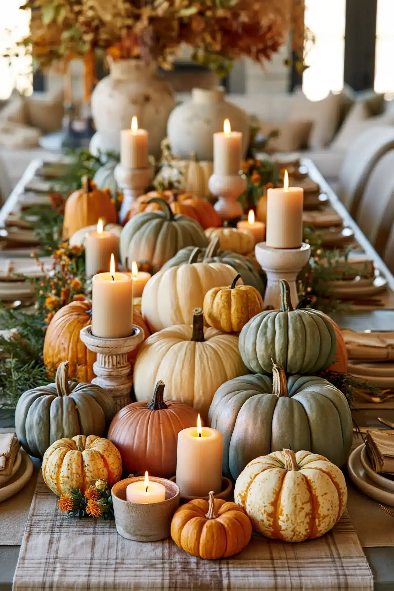 Heirloom pumpkin decor featuring muted greens, creams, and dusty orange pumpkins.
