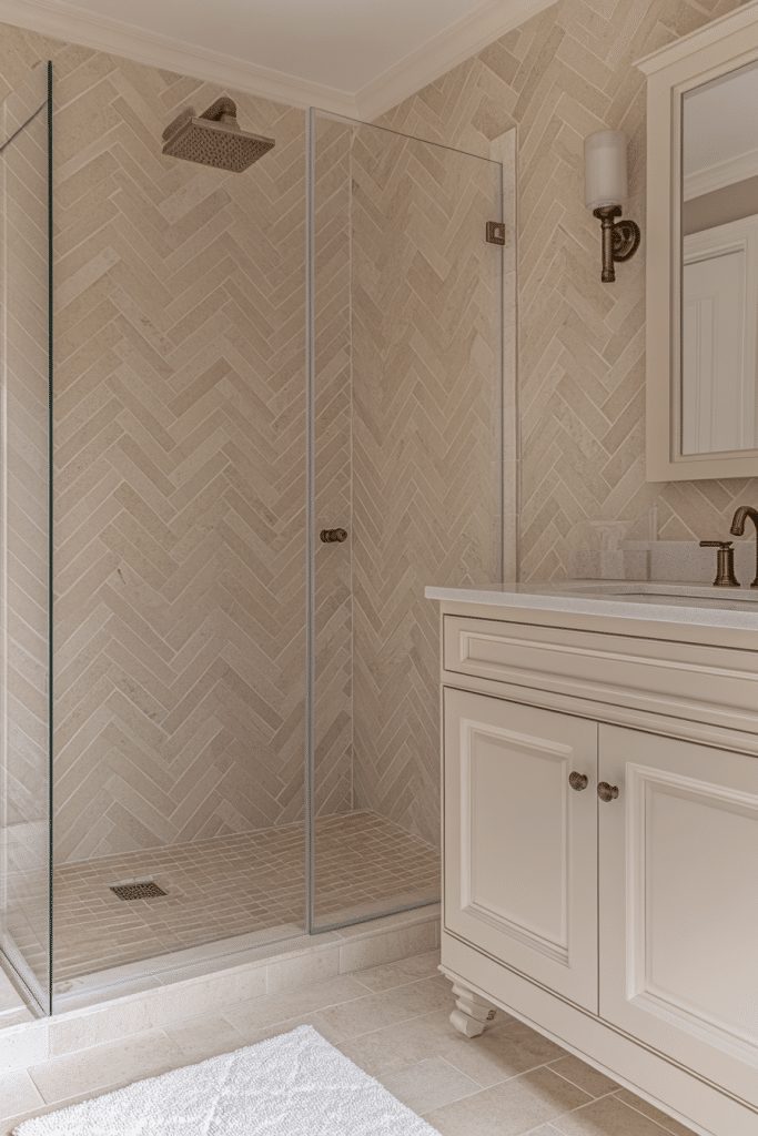 Herringbone patterned tile in a walk-in shower for a small bathroom.